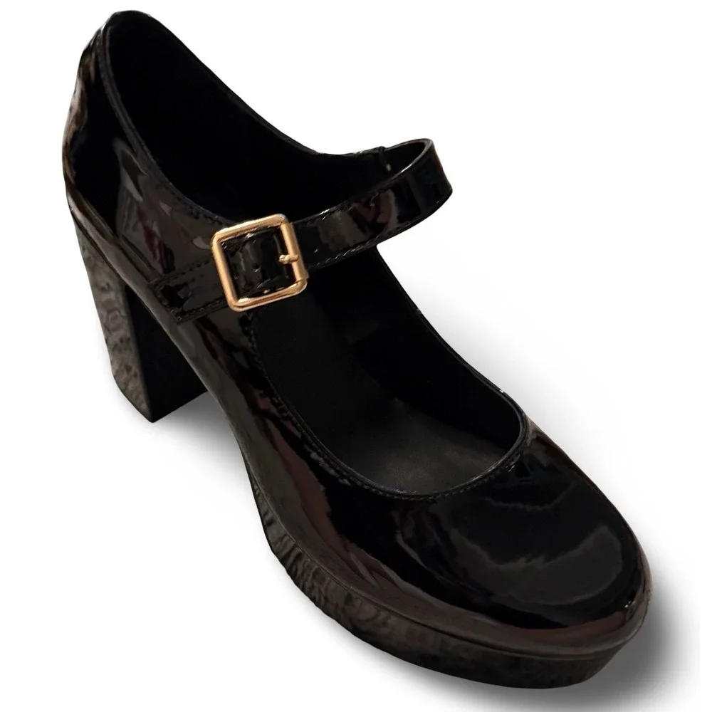 Coutgo Black Patent Leather Platform Mary Jane Block Heels Sz 11 NEW